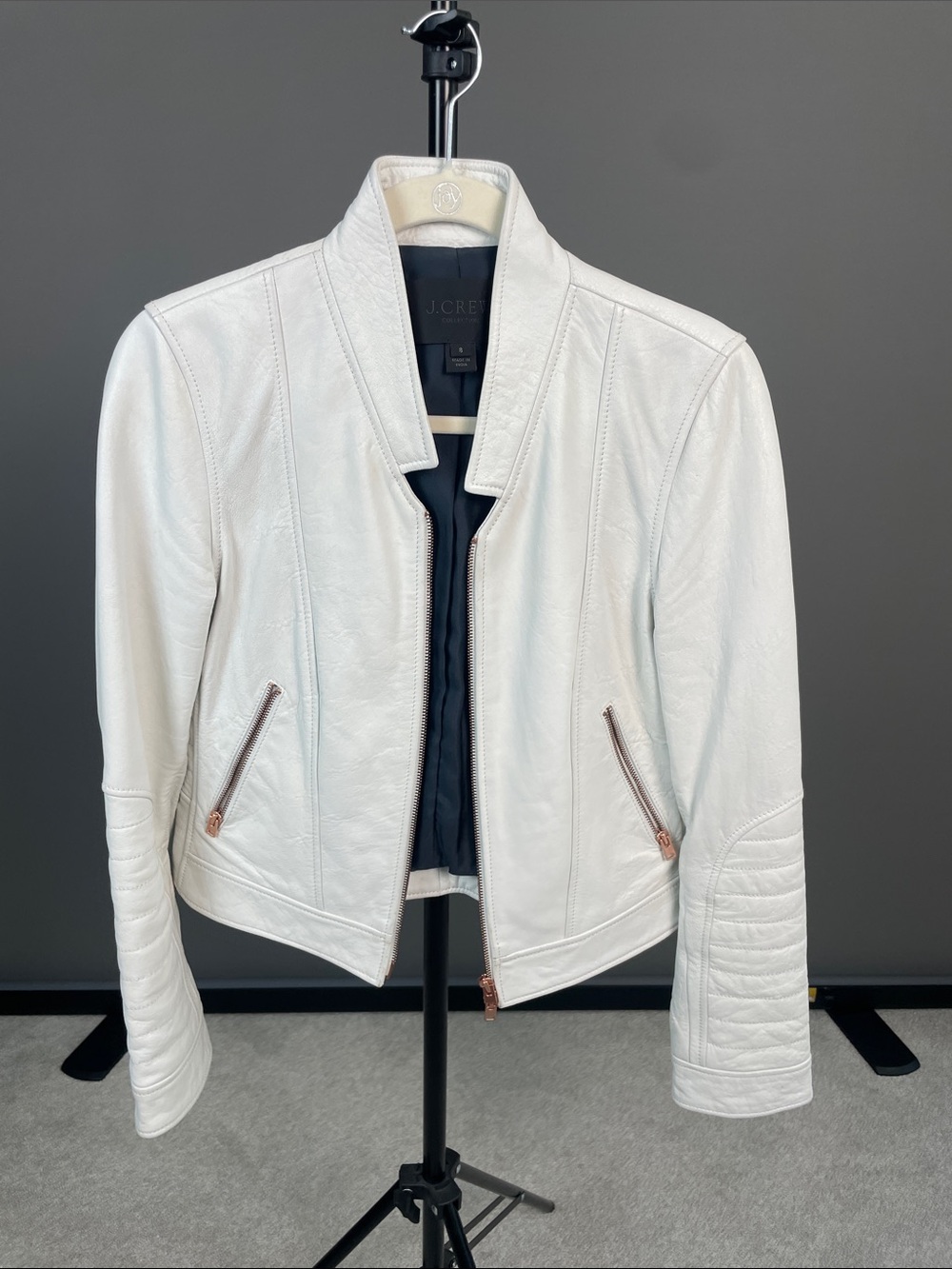 J. Crew Collection Women's White Leather Moto Jacket with Zip Pockets